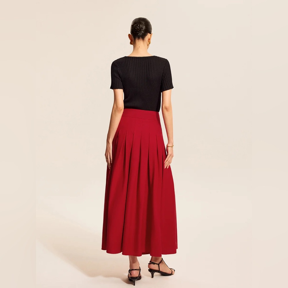 Commense Cotton & Linen Pleated Slit Skirt - Picture 5 of 13